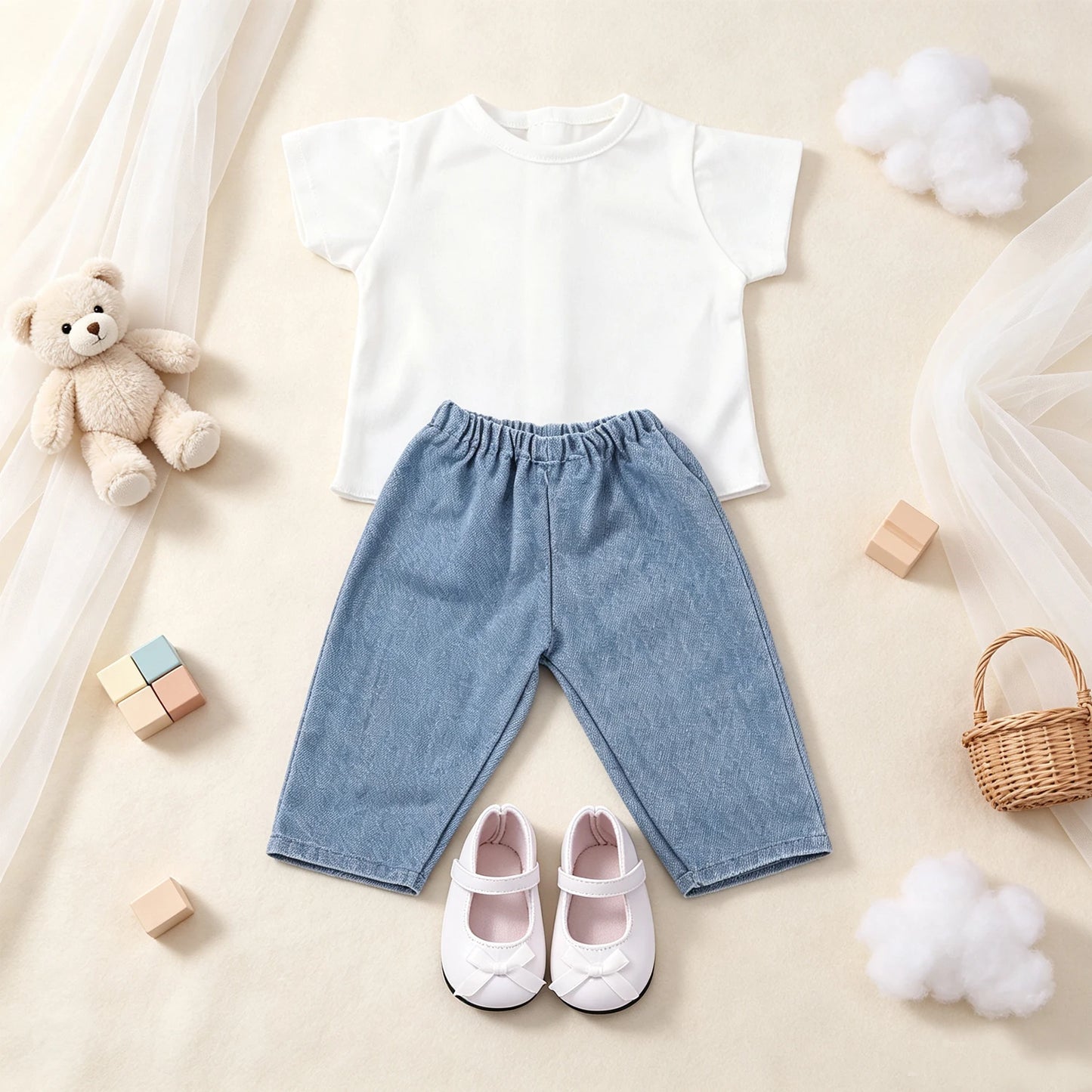 Ensemble de vêtements pour poupées : T-shirt blanc, pantalon en jean bleu clair, chaussures à nœud blanc, accessoires de mode pour poupées américaines et OG de 18 pouces