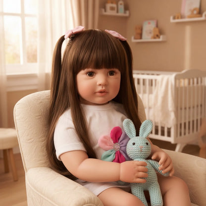 Poupée Reborn de 22 pouces pour fille, réaliste, en vinyle souple, avec de longs cheveux et un ensemble de robe colorée, cadeau parfait pour les filles et les garçons, anniversaire et jeu de rôle.