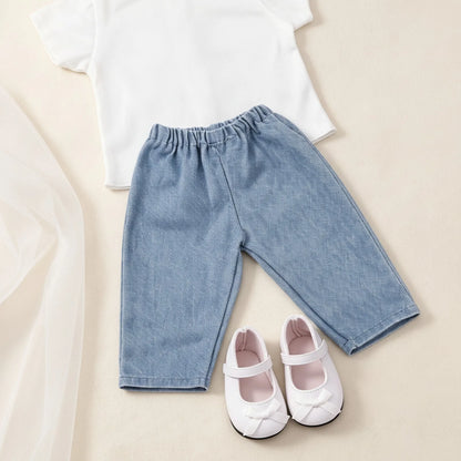Ensemble de vêtements pour poupées : T-shirt blanc, pantalon en jean bleu clair, chaussures à nœud blanc, accessoires de mode pour poupées américaines et OG de 18 pouces