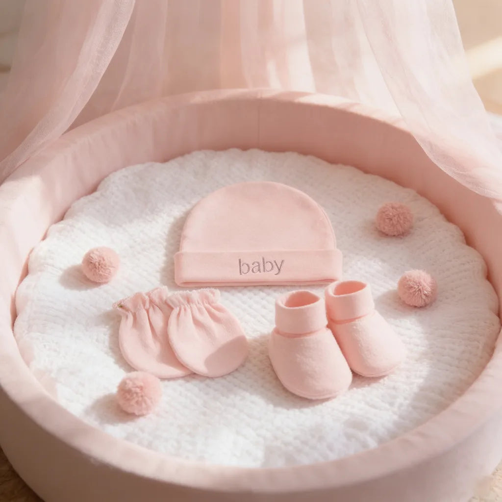 Ensemble 3 Pièces Bébé : Bonnet, Gants & Chaussons Coton Doux