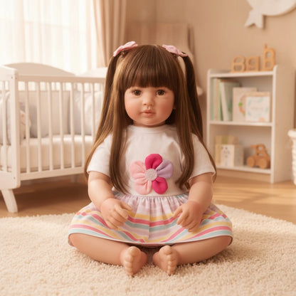 Poupée Reborn de 22 pouces pour fille, réaliste, en vinyle souple, avec de longs cheveux et un ensemble de robe colorée, cadeau parfait pour les filles et les garçons, anniversaire et jeu de rôle.