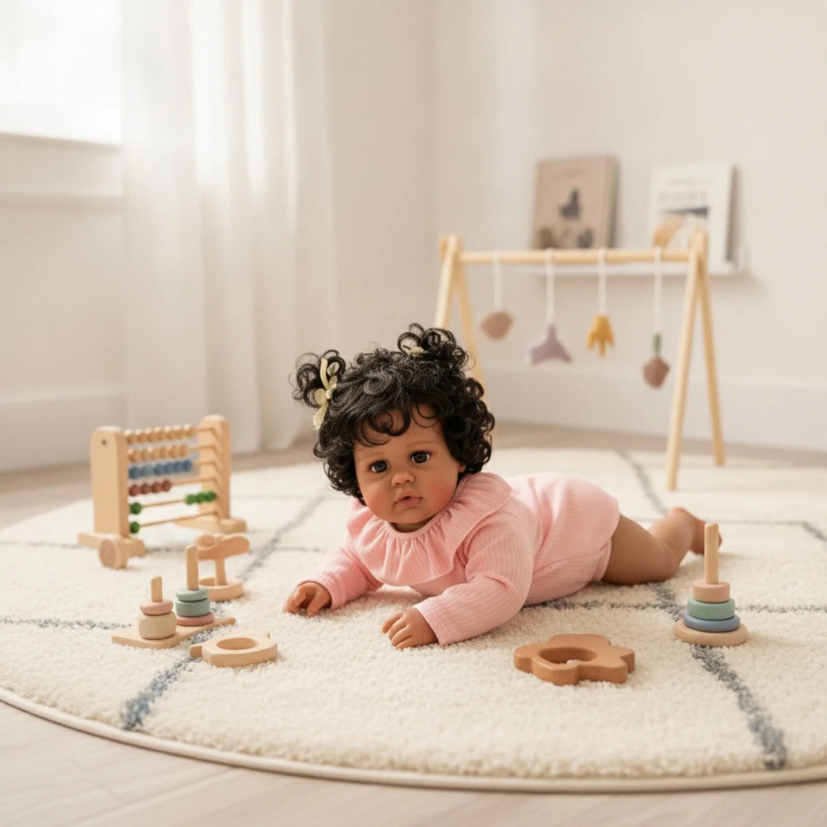 Poupée Reborn en tissu doux de 60 cm, peau foncée, cheveux bouclés implantés à la main, jouet réaliste pour nouveau-né, cadeau