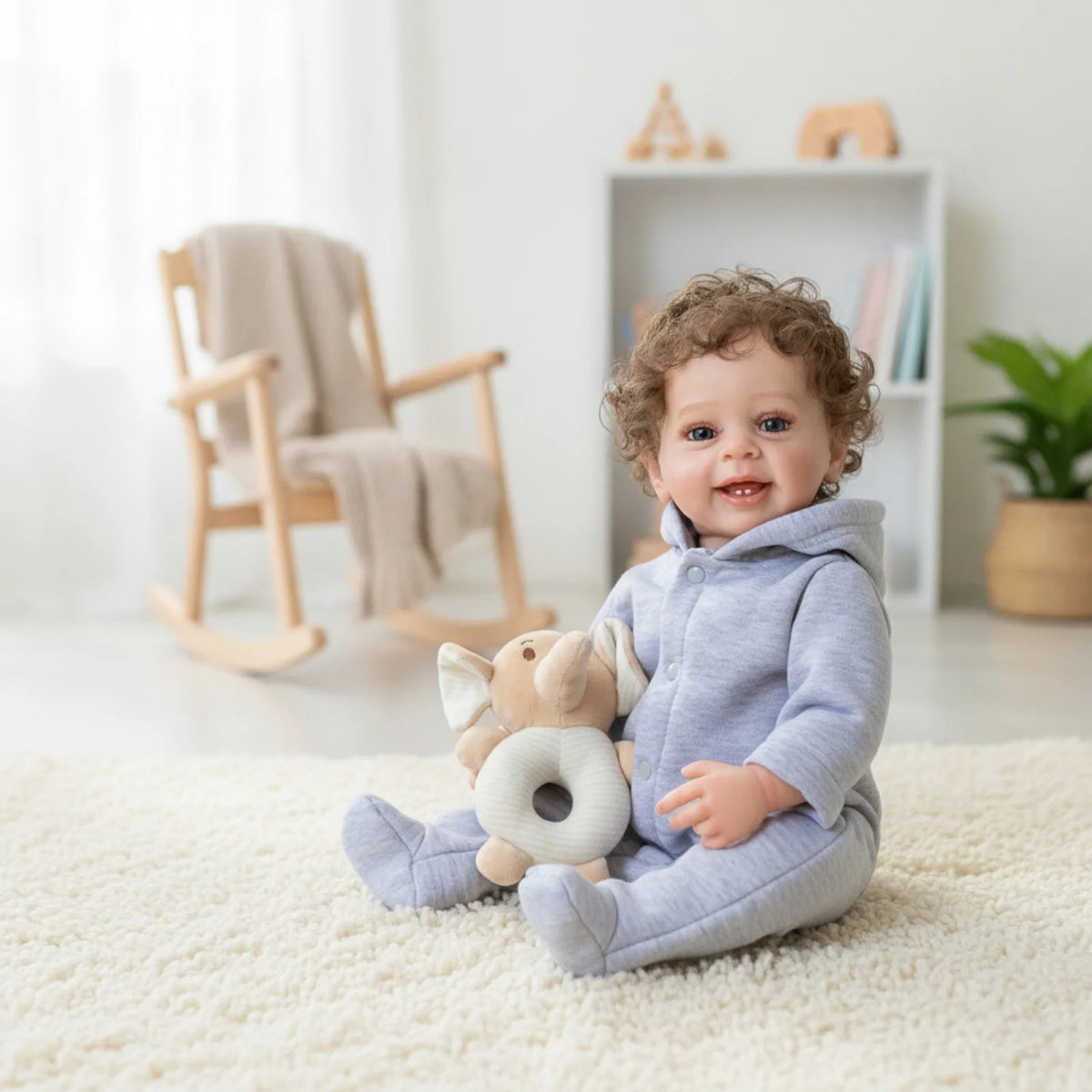 Poupée Reborn Garçon en Vinyle de 22 Pouces, Édition de Collection, Adorable Sourire avec Cheveux Bouclés Bruns et Yeux Bleus, Poupée Articulée, Cadeau de Fête